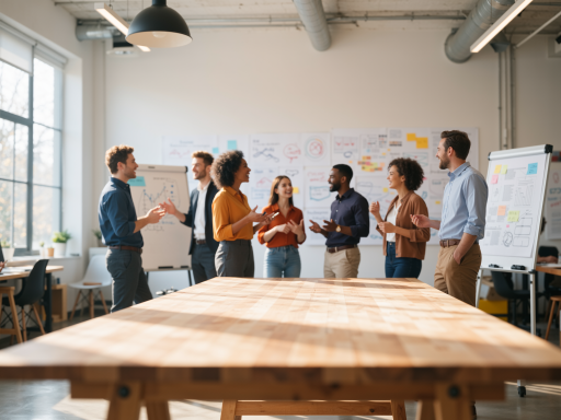 Professional office team working together, diverse group of business professionals collaborating, modern workplace environment