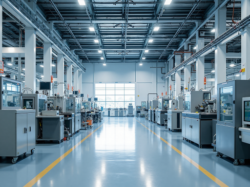 Industrial manufacturing facility interior showing production line workers, modern equipment, safety protocols in place