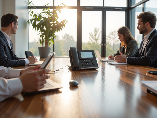 Professional team meeting in modern office environment with collaborative workspace, business professionals discussing at conference table, bright natural lighting
